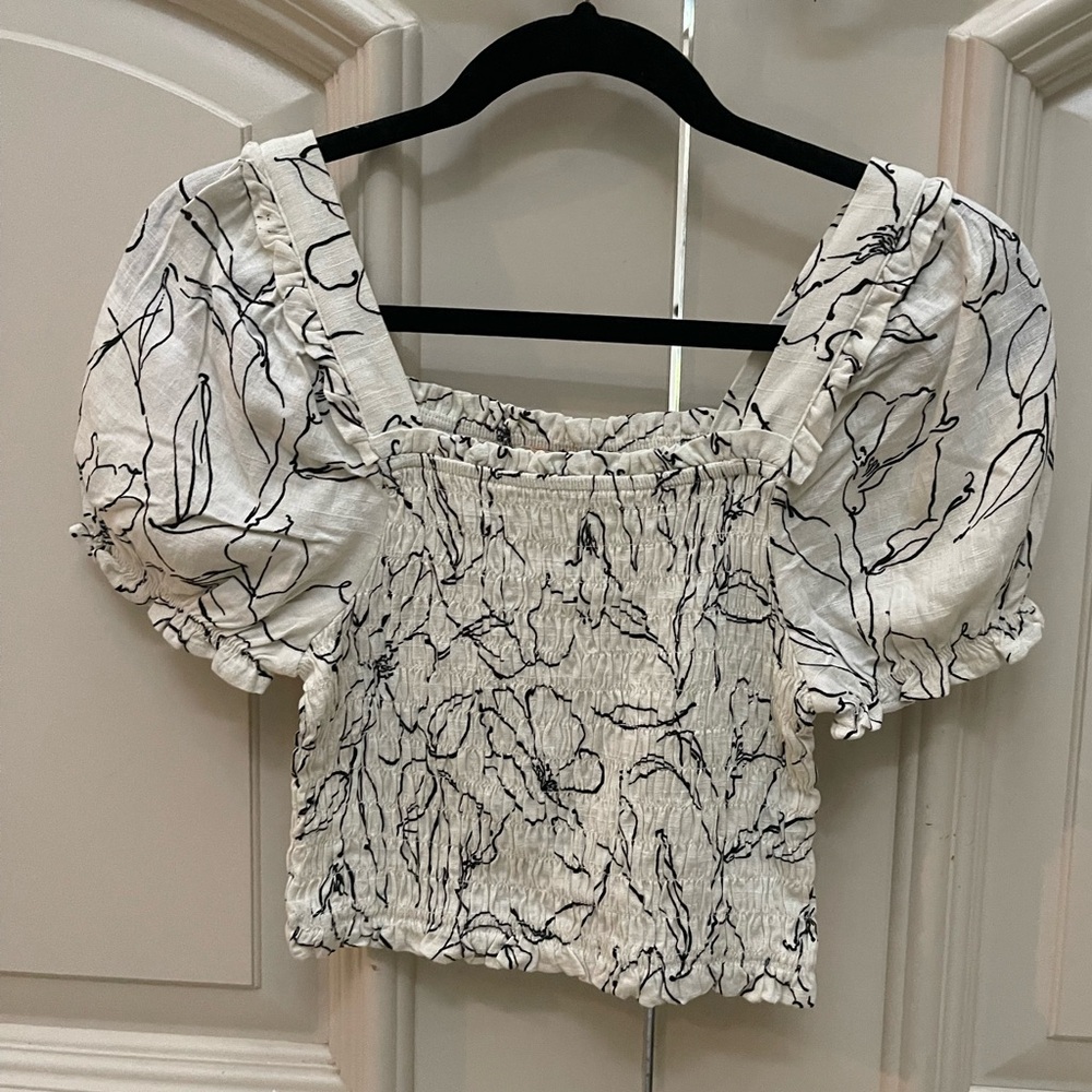 Monteau White Smocked Square Neck Crop Top with Black Line Floral Print